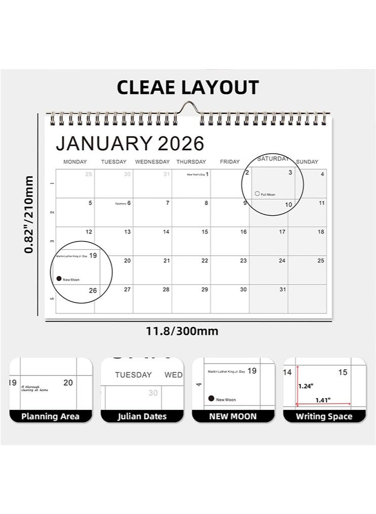 تقويم حائط لعام 2026، 18 شهرًا، مقاس A4 كبير، مزود بخطاف للتعليق، ورق سميك فاخر، مثالي للتخطيط والتنظيم في المنزل والمكتب والمدرسة، لحفظ التواريخ المهمة، مثالي للتنظيم. - Image 2
